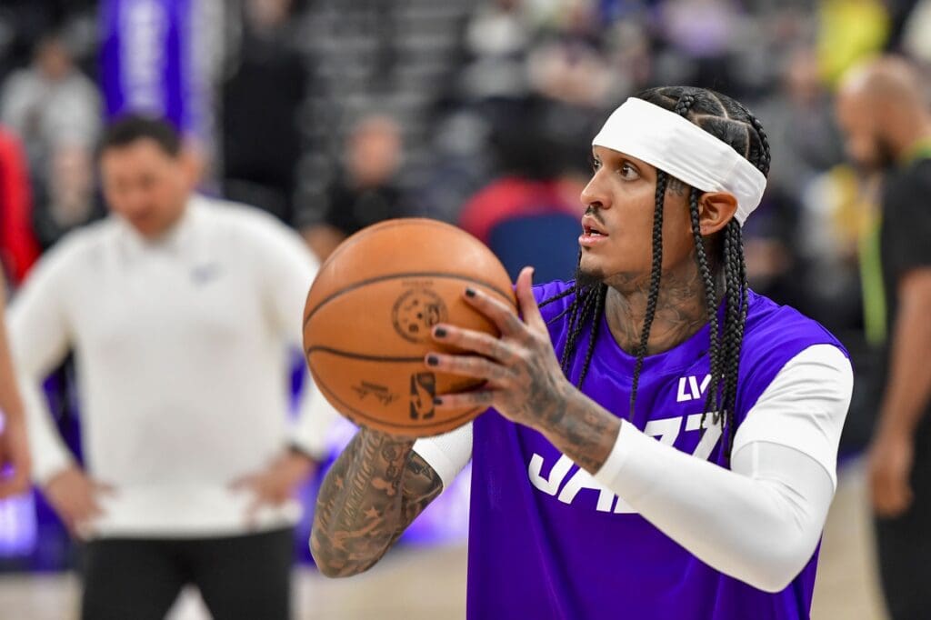 Mar 19, 2025; Salt Lake City, Utah, USA; Utah Jazz guard Jordan Clarkson (00) warms up before the game against the Washington Wizards at the Delta Center.
