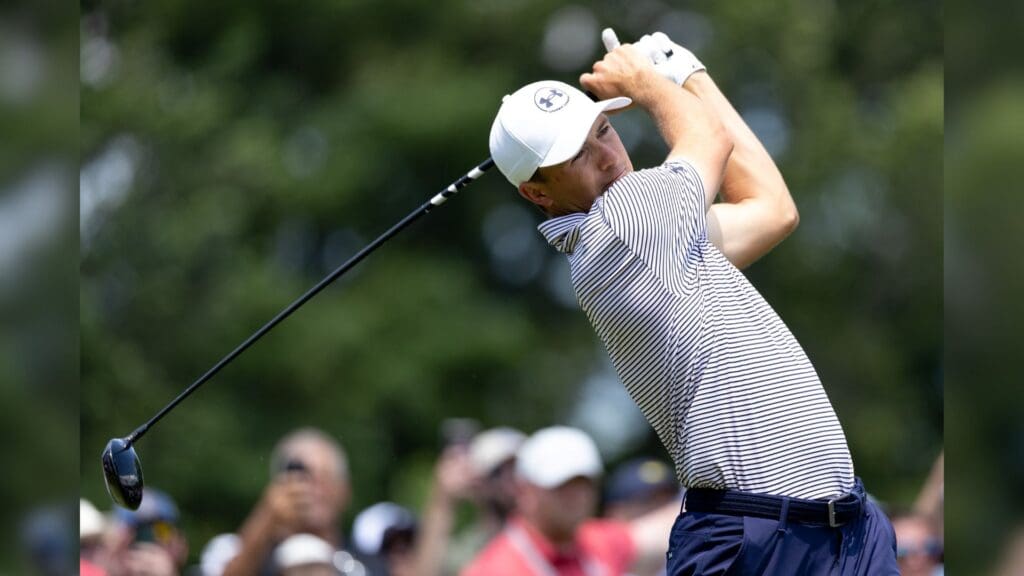 Jun 19, 2025; Cromwell, Connecticut, USA; Jordan Spieth plays his shot from the first tee during the first round of the Travelers Championship golf tournament.