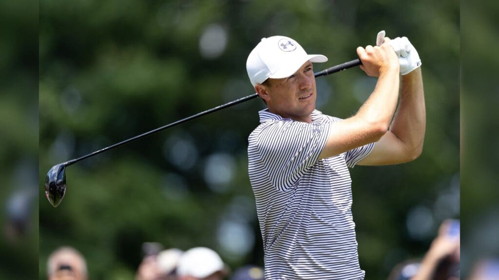 Jun 19, 2025; Cromwell, Connecticut, USA; Jordan Spieth plays his shot from the first tee during the first round of the Travelers Championship golf tournament.