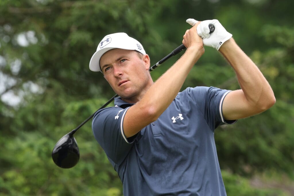 Jun 15, 2025; Oakmont, Pennsylvania, USA; Jordan Spieth plays his shot from the first tee during the final round of the U.S. Open golf tournament.