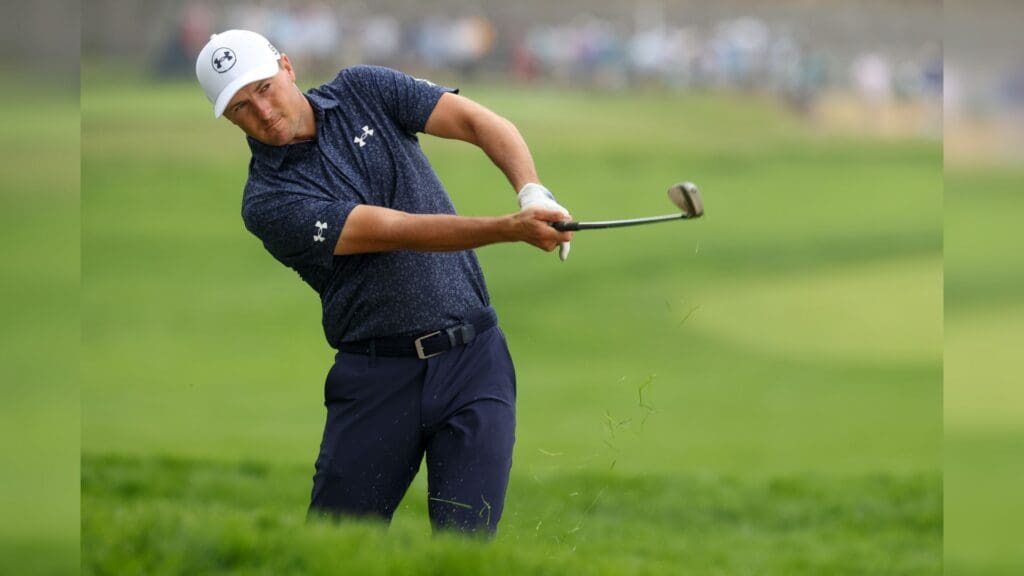 Jun 13, 2025; Oakmont, Pennsylvania, USA; Jordan Spieth plays his shot on the second hole during the second round of the U.S. Open golf tournament.
