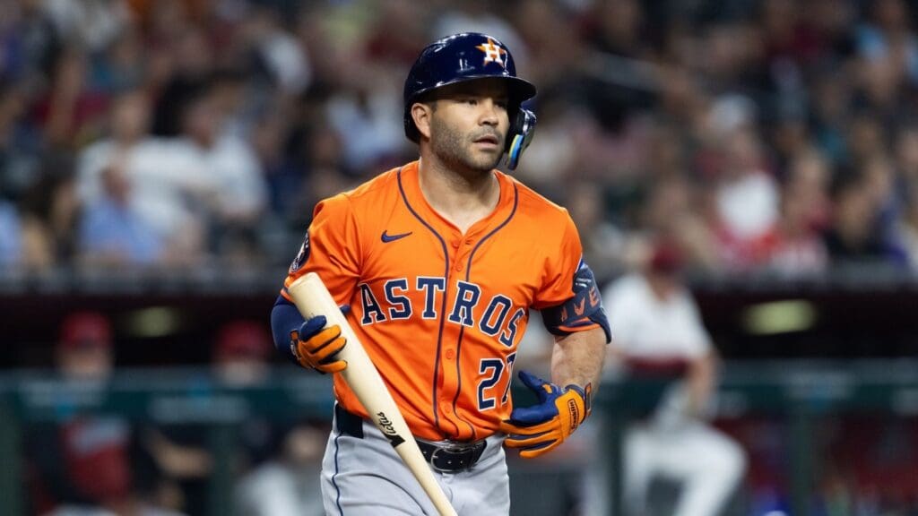 Jul 22, 2025; Phoenix, Arizona, USA; Houston Astros designated hitter Jose Altuve against the Arizona Diamondbacks at Chase Field.