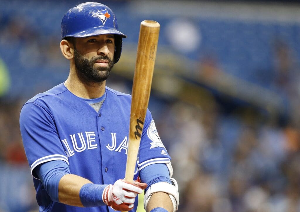 Sep 3, 2016; St. Petersburg, FL, USA; Toronto Blue Jays right fielder Jose Bautista (19) at bat against the Tampa Bay Rays at Tropicana Field.