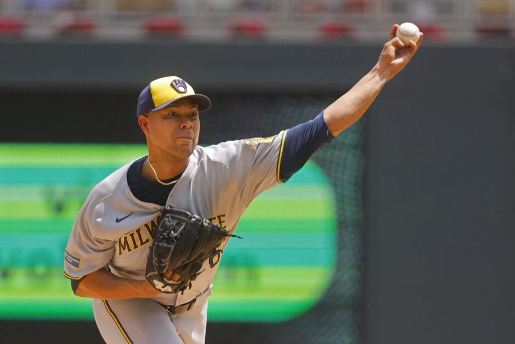 Jun 21, 2025; Minneapolis, Minnesota, USA; Milwaukee Brewers starting pitcher Jose Quintana (62) throws to the Minnesota Twins in the first inning at Target Field