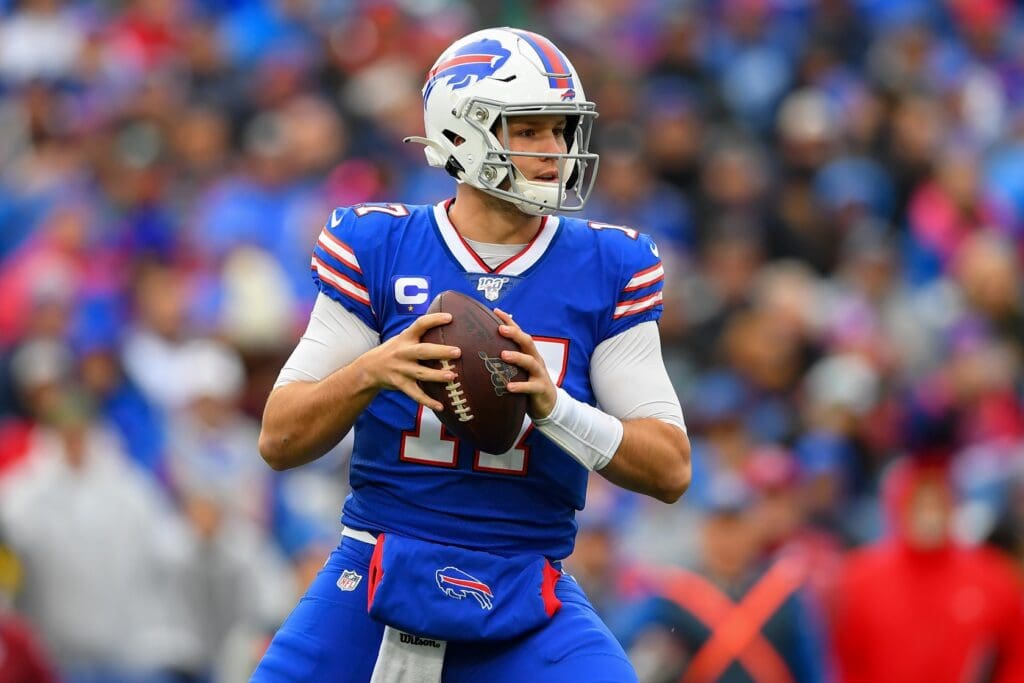 Oct 27, 2019; Orchard Park, NY, USA; Buffalo Bills quarterback Josh Allen (17) drops back to pass against the Philadelphia Eagles during the first quarter at New Era Field.