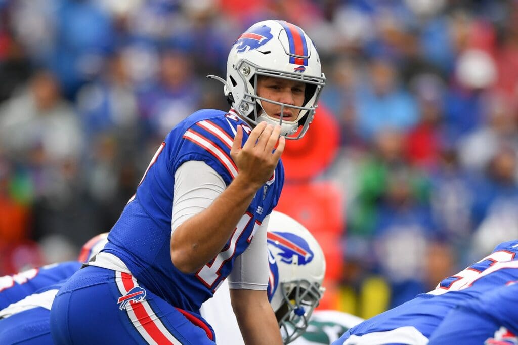 Oct 27, 2019; Orchard Park, NY, USA; Buffalo Bills quarterback Josh Allen (17) gestures at the line against the Philadelphia Eagles during the first quarter at New Era Field.