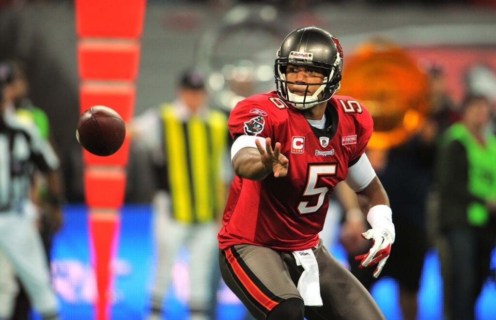 October 23, 2011; London, ENGLAND; Tampa Bay Buccaneers quarterback Josh Freeman (5) passes the ball during the first quarter in the NFL International Series game against the Chicago Bears at Wembley Stadium. The Bears defeated the Buccaneers 24-18.