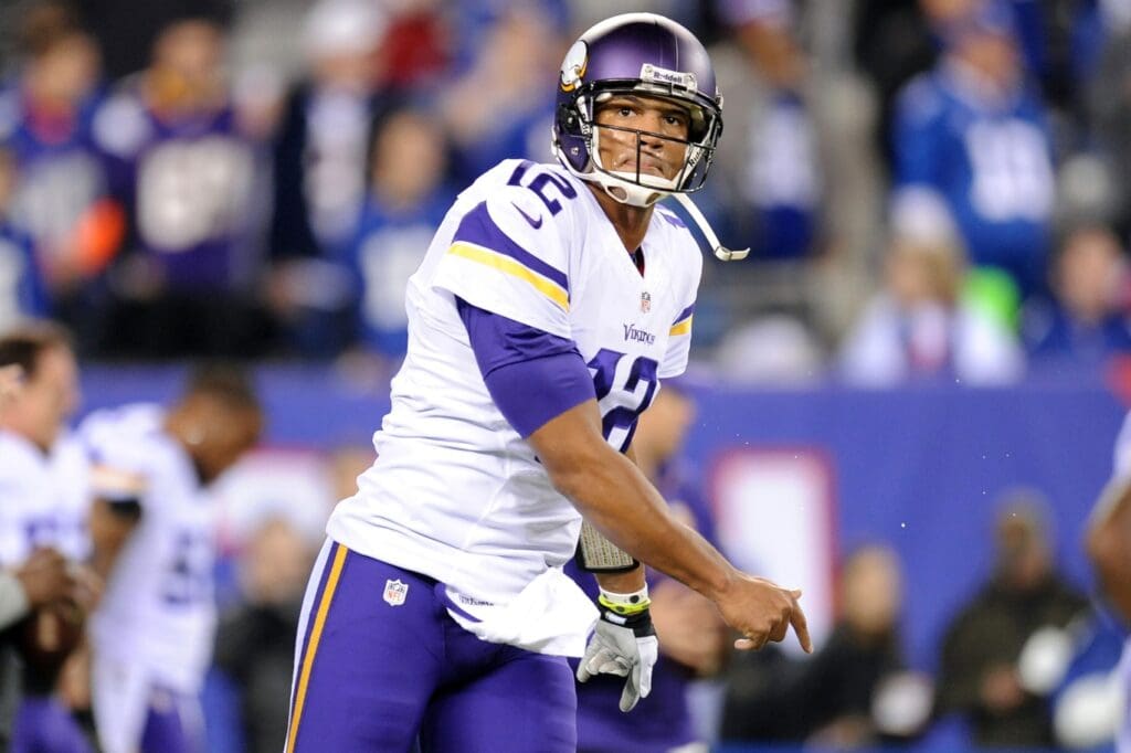 Oct 21, 2013; East Rutherford, NJ, USA; Minnesota Vikings quarterback Josh Freeman (12) warms up prior to facing the New York Giants at MetLife Stadium.