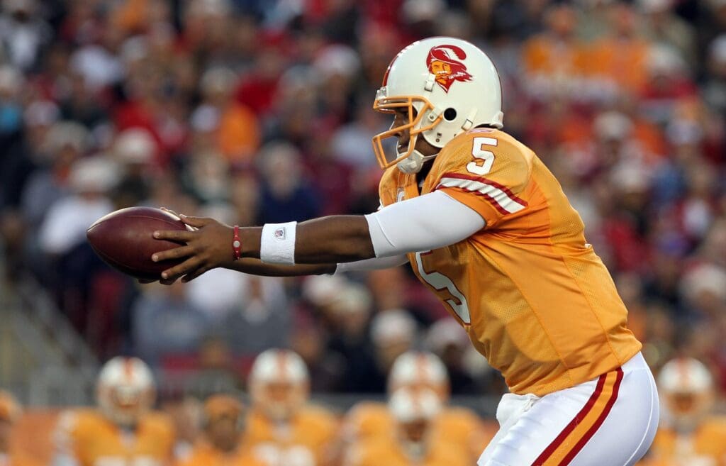 December 5, 2010; Tampa, FL, USA; Tampa Bay Buccaneers quarterback Josh Freeman (5) passes the ball off during the first half of their game against the Atlanta Falcons at Raymond James Stadium.