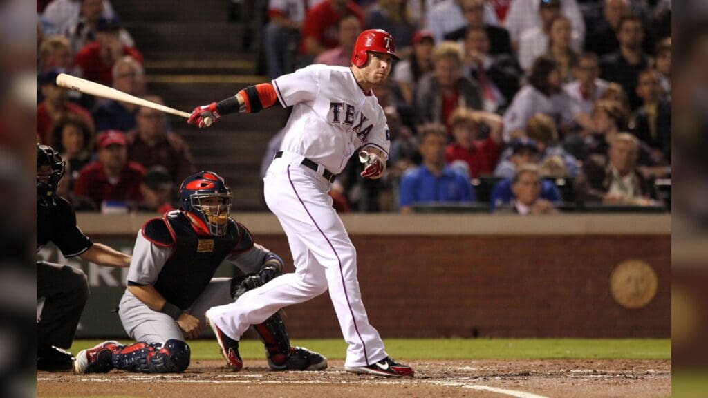 Oct 23, 2011; Arlington, TX, USA; Texas Rangers outfielder Josh Hamilton hits a RBI double in the first inning of game four of the 2011 World Series against the St. Louis Cardinals at Rangers Ballpark.