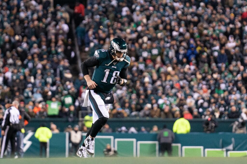 Jan 5, 2020; Philadelphia, Pennsylvania, USA; Philadelphia Eagles quarterback Josh McCown (18) runs onto the field in a NFC Wild Card playoff football game against the Seattle Seahawks at Lincoln Financial Field.