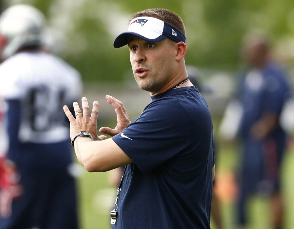Jun 7, 2016; Foxborough, MA, USA; Offensive coordinator Josh McDaniels coaches during mini camp at Gillette Stadium.