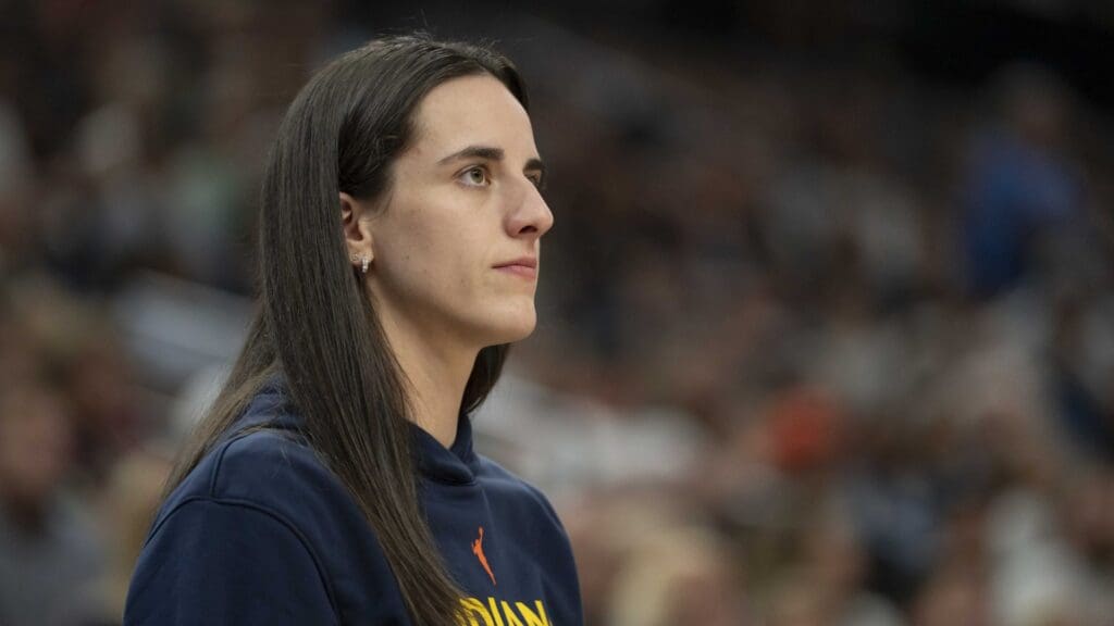 Jul 1, 2025; Minneapolis, Minnesota, USA; Indiana Fever guard Caitlin Clark (22) looks on against the Minnesota Lynx in the second half during the Commissioner's Cup final at Target Center.