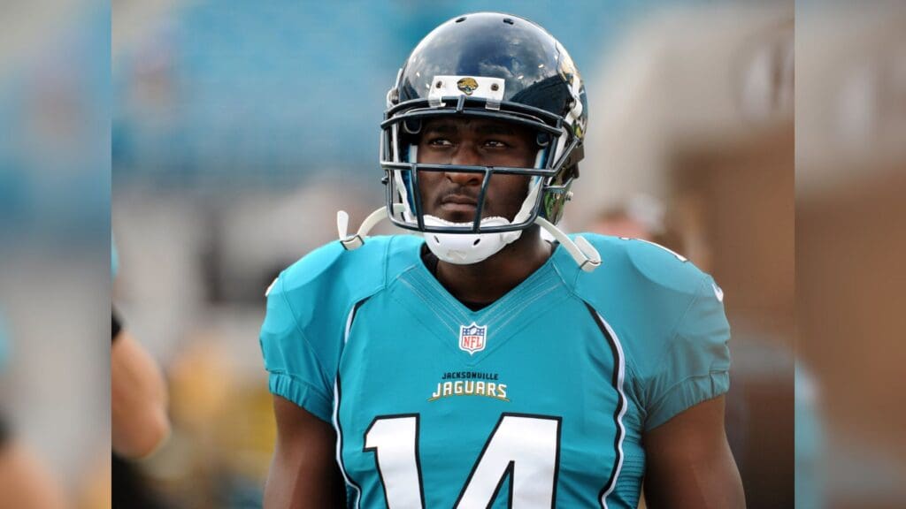 Aug 10, 2012; Jacksonville, Florida, USA; Jacksonville Jaguars wide receiver Justin Blackmon (14) before the start of the preseason game against the New York Giants at EverBank Field.