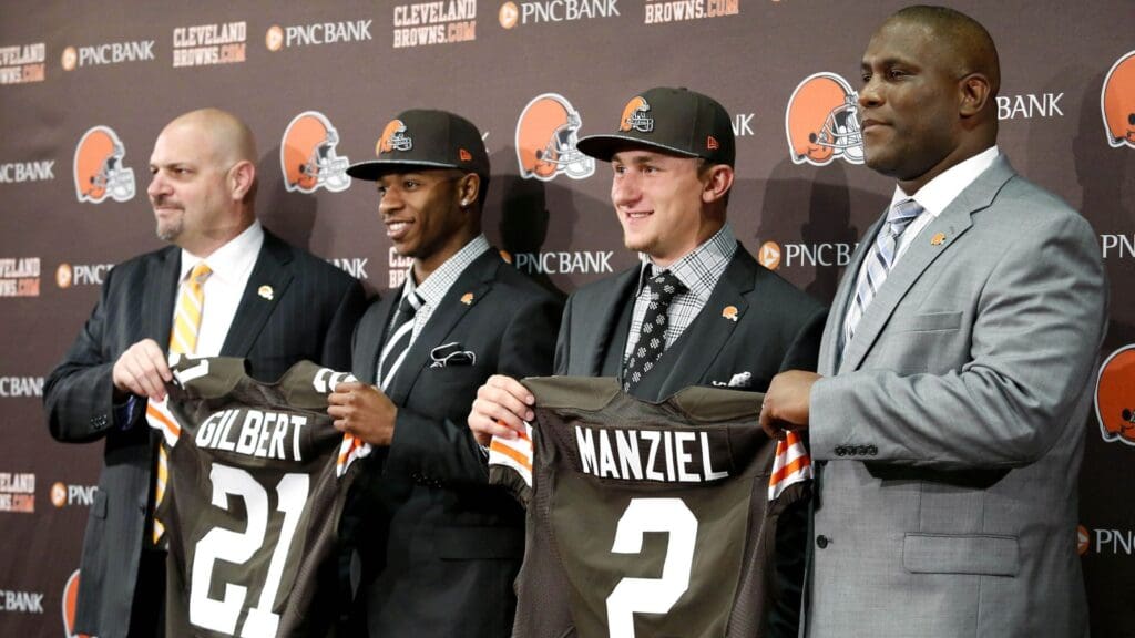 May 9, 2014; Berea, OH, USA; Cleveland Browns first round draft picks Justin Gilbert (Oklahoma State) and Johnny Manziel (Texas A&M) are introduced to the media with head coach Mike Pettine (left) and general Manager Ray Farmer (left) at the Cleveland Browns Headquarters. Mandatory Credit: Joe Maiorana-Imagn Images
