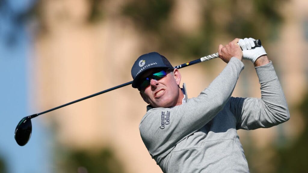 Dec 21, 2024; Orlando, Florida, [USA]; Justin Leonard hits a tees shot on the fifth hole during the PNC Championship at The Ritz-Carlton Golf Club.