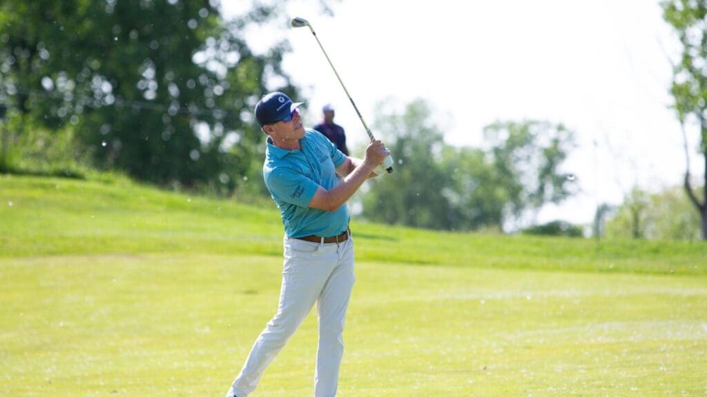 Justin Leonard plays his second shot on the sixth hole during the first round of the 2024 KitchenAid Senior PGA Championship at Harbor Shores Golf Club on Thursday, May 23, 2024, in Benton Harbor, MI.