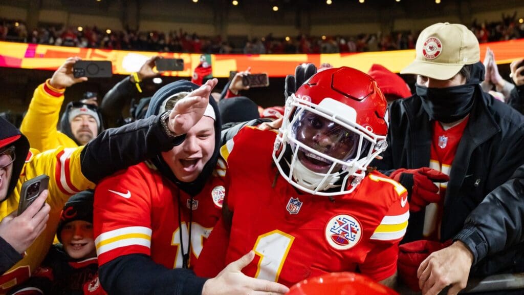 Jan 26, 2025; Kansas City, MO, USA; Kansas City Chiefs wide receiver Xavier Worthy (1) celebrate with fans after a touchdown against the Buffalo Bills during the first half in the AFC Championship game at GEHA Field at Arrowhead Stadium.
