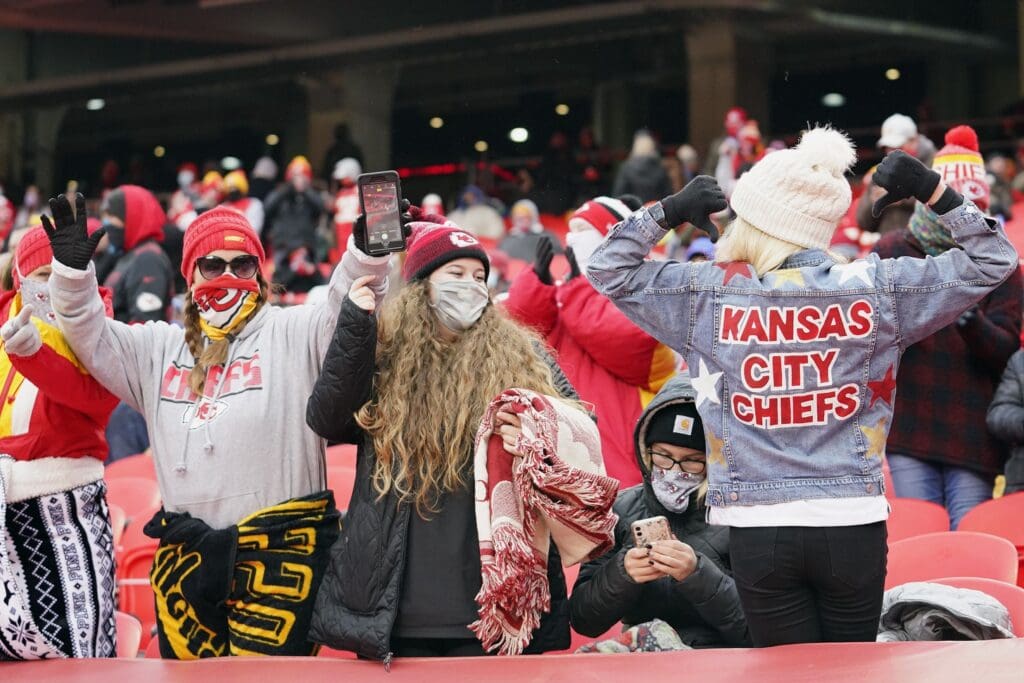 Jan 3, 2021; Kansas City, Missouri, USA; Kansas City Chiefs fans react during the first half against the Los Angeles Chargers at Arrowhead Stadium.
