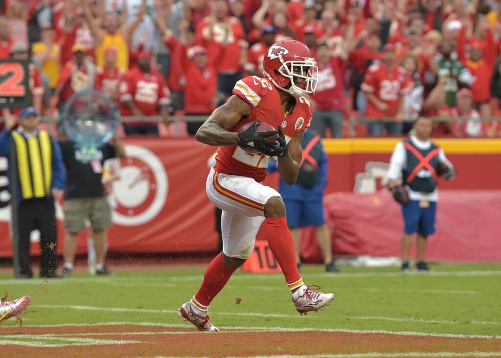 Sep 25, 2016; Kansas City, MO, USA; Kansas City Chiefs cornerback Marcus Peters (22) intercepts a pass during the second half against the New York Jets at Arrowhead Stadium. The Chiefs won 24-3.