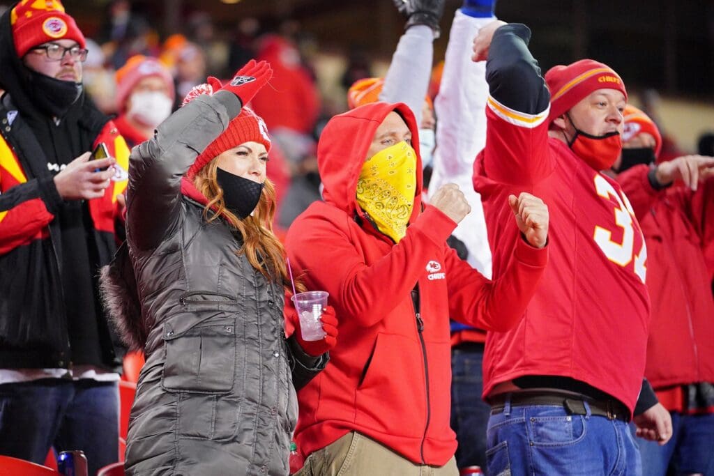 Dec 6, 2020; Kansas City, Missouri, USA; Kansas City Chiefs fans react in the stands during the first half against the Denver Broncos at Arrowhead Stadium.