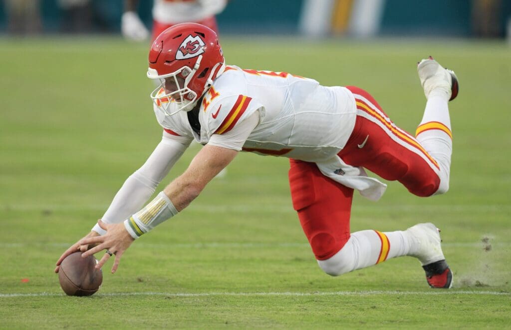 Kansas City Chiefs quarterback Carson Wentz (11) tries to chase down a high snap late in the second quarter. The Jaguars led 20 to 10 at the end of the first half. The Jacksonville Jaguars hosted the Kansas City Chiefs in the Jaguars first preseason game of the season Saturday, August10, 2024 at EverBank Stadium in Jacksonville