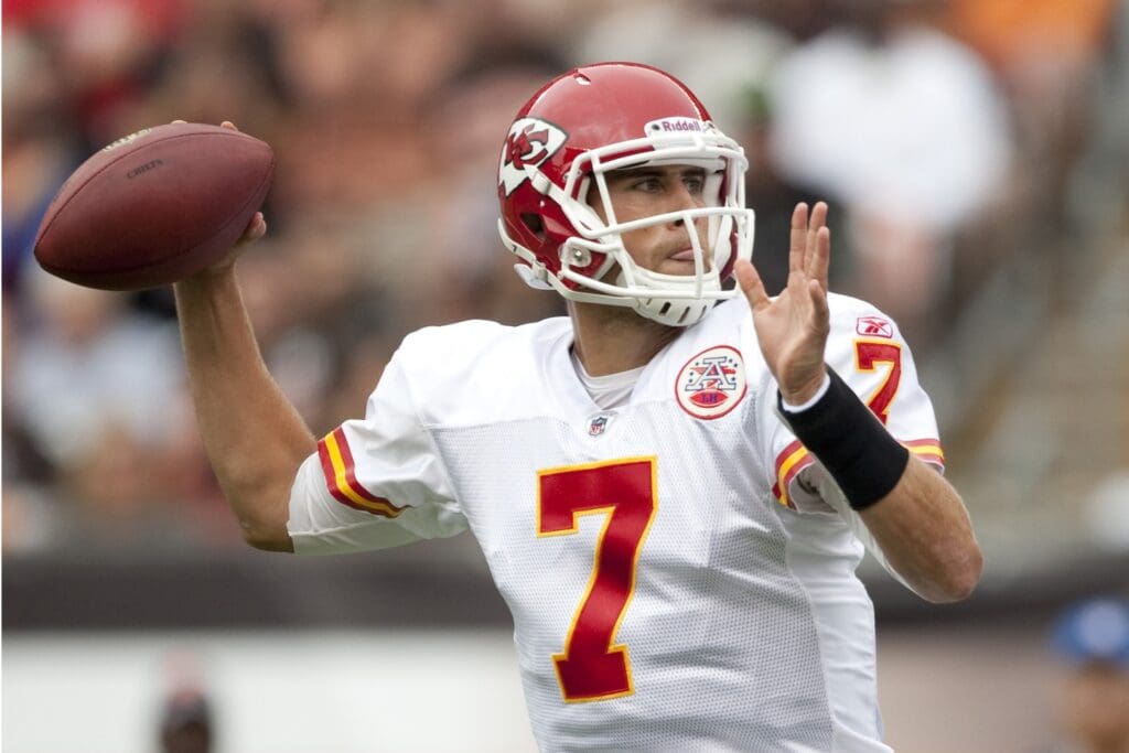 September 19, 2010; Cleveland, OH, USA; Kansas City Chiefs quarterback Matt Cassel (7) passes against the Cleveland Browns at Cleveland Browns Stadium.