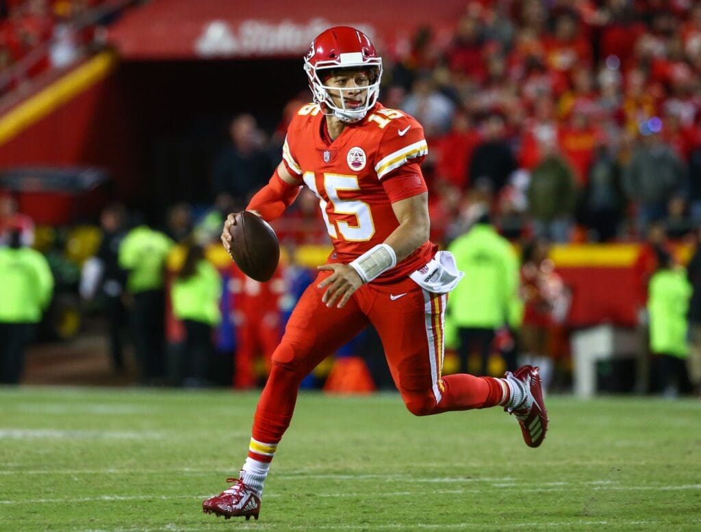 Oct 21, 2018; Kansas City, MO, USA; Kansas City Chiefs quarterback Patrick Mahomes (15) against the Cincinnati Bengals in the second half at Arrowhead Stadium.
