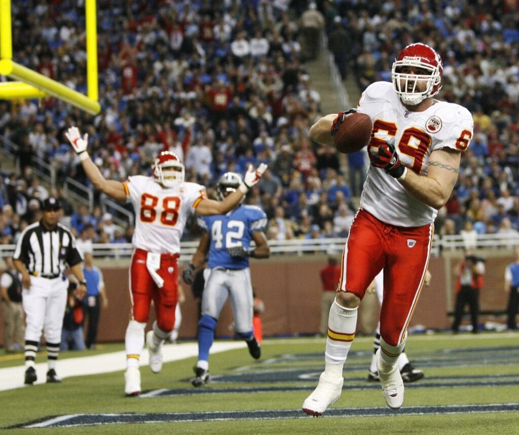 Dec 23, 2007; Detroit, MI, USA; Kansas City Chiefs tight end Jared Allen (69) celebrates a second quarter touchdown against the Detroit Lions at Ford Field.