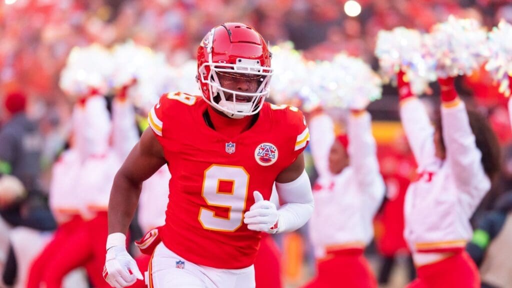 Jan 26, 2025; Kansas City, MO, USA; Kansas City Chiefs wide receiver JuJu Smith-Schuster (9) against the Buffalo Bills in the AFC Championship game at GEHA Field at Arrowhead Stadium.