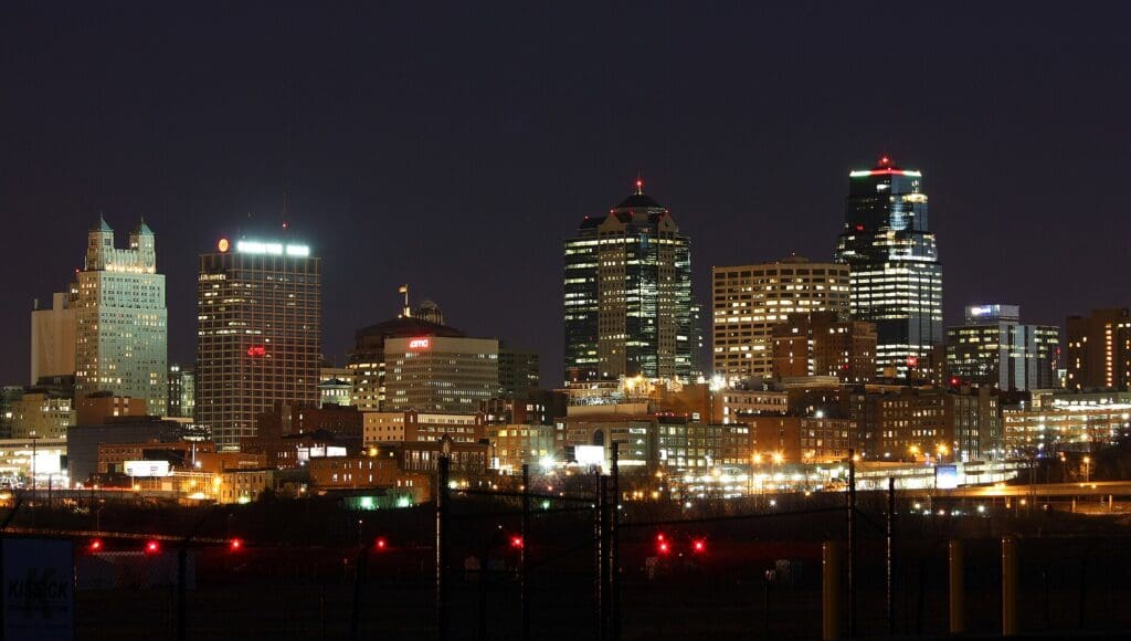 Kansas City (MO) skyline at night, view from Downtown Airport
