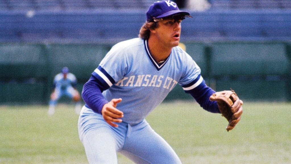 Unknown date and location; USA; FILE PHOTO; Kansas City Royals third baseman George Brett in action on the field.