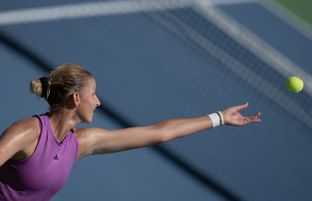 Aug 13, 2024; Cincinnati, OH, USA ; Karolina Pliskova of the Czech Republic serves against Viktoriya Tomova of Bulgaria on day two of the Cincinnati Open.