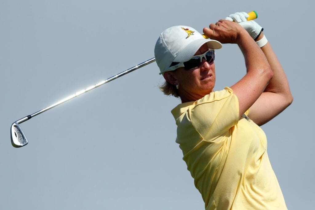 Jun 28, 2013; Southampton, NY, USA; Karrie Webb (AUS) tees off on the seventeenth hole during the third round of the U.S. Women's Open at Sebonack Golf Course.