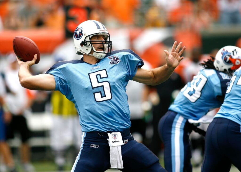 Sep 14, 2008; Cincinnati, OH, USA; Tennessee Titans quarterback Kerry Collins (5) passes in the first half against the Cincinnati Bengals at Paul Brown Stadium in Cincinnati, OH.
