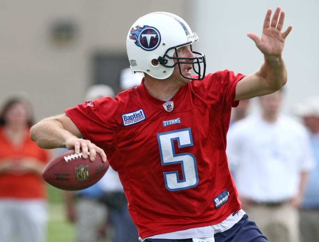 Kerry Collins (5), quarterback -- Collins (5) throws a pass during practice at Baptist Sports Park June 19, 2009. 0620 C Titans010