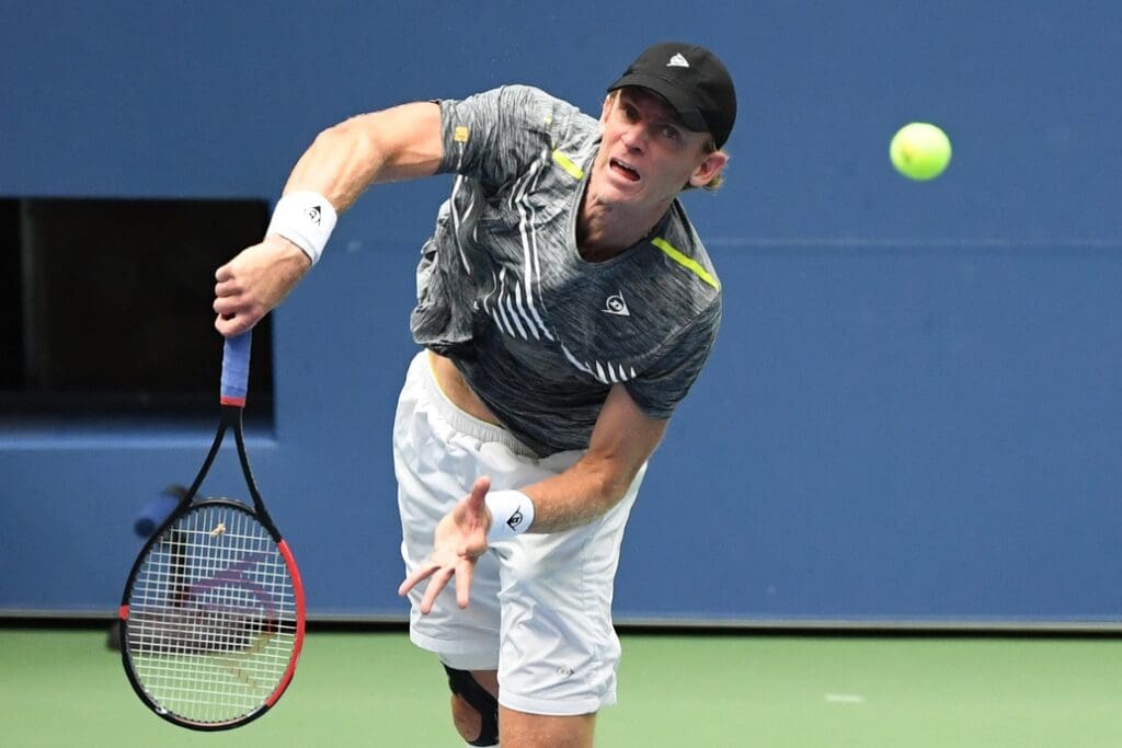 Aug 31, 2020; Flushing Meadows, New York, USA; Kevin Anderson of South Africa serves against Alexander Zverev of Germany (not pictured) on day one of the 2020 U.S. Open tennis tournament at USTA Billie Jean King National Tennis Center.