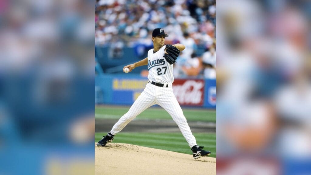 1996, Miami, FL, USA; FILE PHOTO; Florida Marlins pitcher Kevin Brown in action on the mound at Dolphin Stadium during the 1996 season.