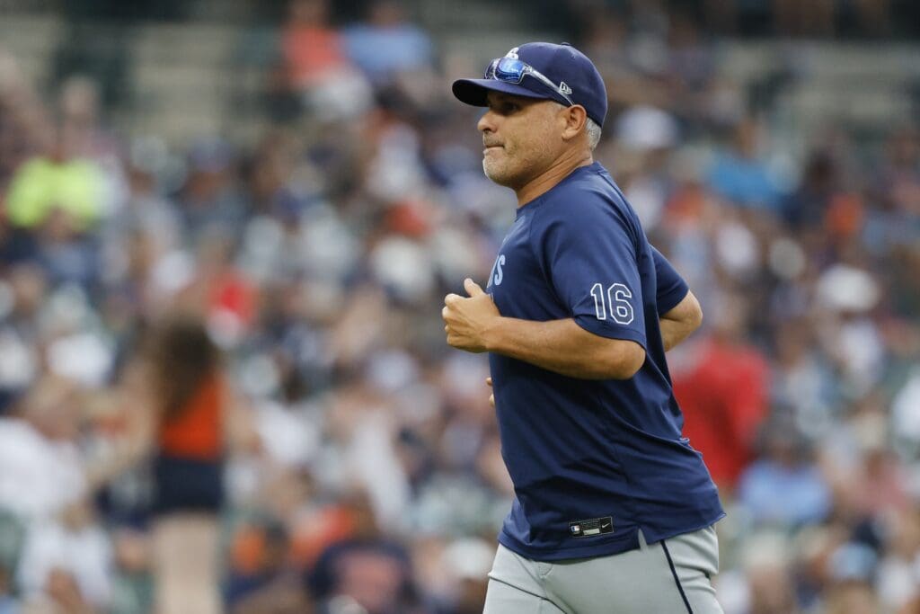 Jul 9, 2025; Detroit, Michigan, USA; Tampa Bay Rays manager Kevin Cash (mg) walks off the field in the seventh inning against the Detroit Tigers at Comerica Park.