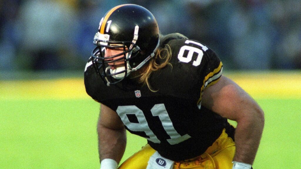 Jan 28, 1996; Tempe,AZ, USA; Pittsburgh Steelers linebacker Kevin Greene (91) in action during Super Bowl XXX at the Sun Devil Stadium. Dallas defeated Pittsburgh 27-17.