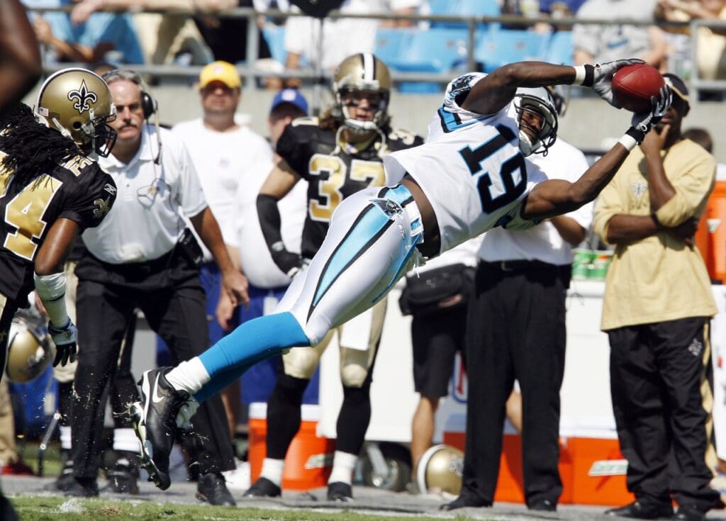 Oct. 1, 2006, Charlotte, NC, USA; Carolina Panthers wide receiver (19) Keyshawn Johnson makes a catch in the first half against the New Orleans Saints in the first half at Bank of America Stadium.