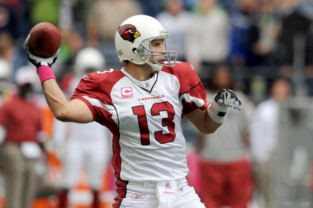 Oct. 18, 2009; Seattle, WA, USA; Arizona Cardinals quarterback Kurt Warner (13) throws a pass in the first quarter of the game against the Seattle Seahawks at Qwest Field. The Cardinals won the game 27-3.