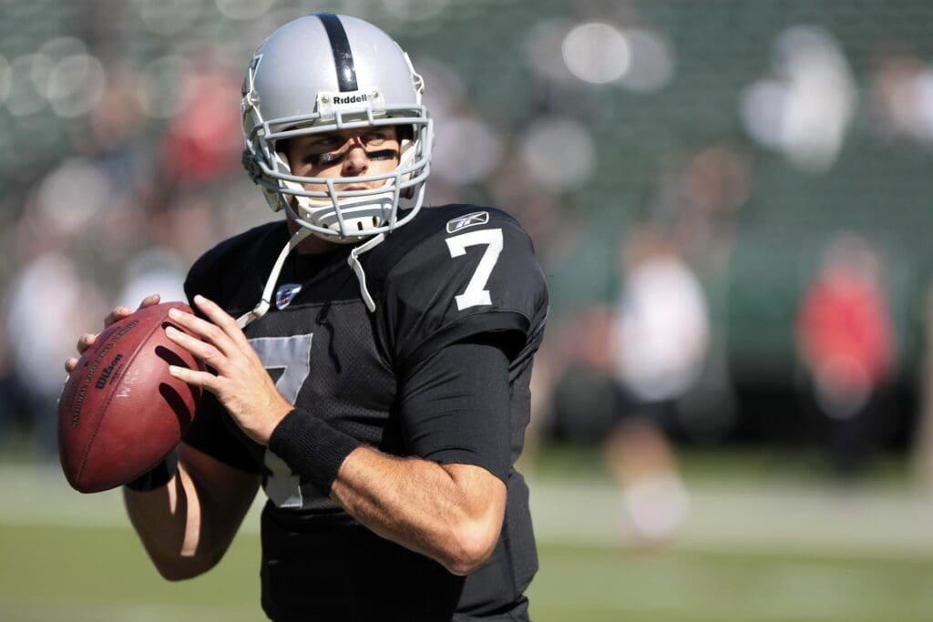 Oct 23, 2011; Oakland, CA, USA; Oakland Raiders quarterback Kyle Boller (7) during warm ups before the game against the Kansas City Chiefs at O.co Coliseum.