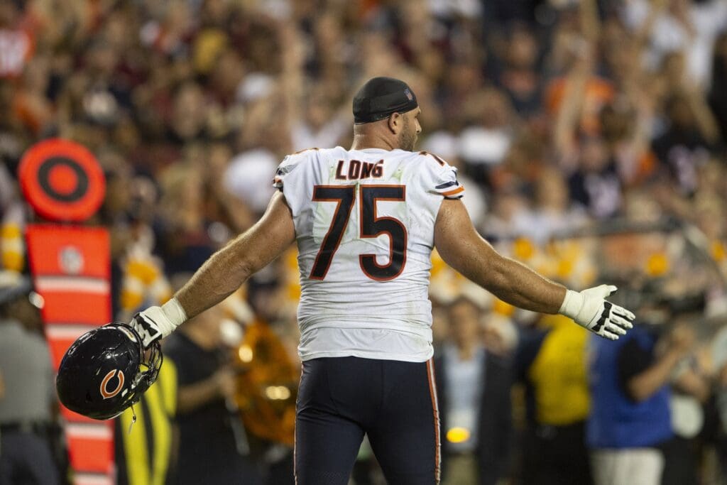 Sep 23, 2019; Landover, MD, USA; Chicago Bears guard Kyle Long (75) stands on the field during the first half against the Washington Redskins at FedExField.