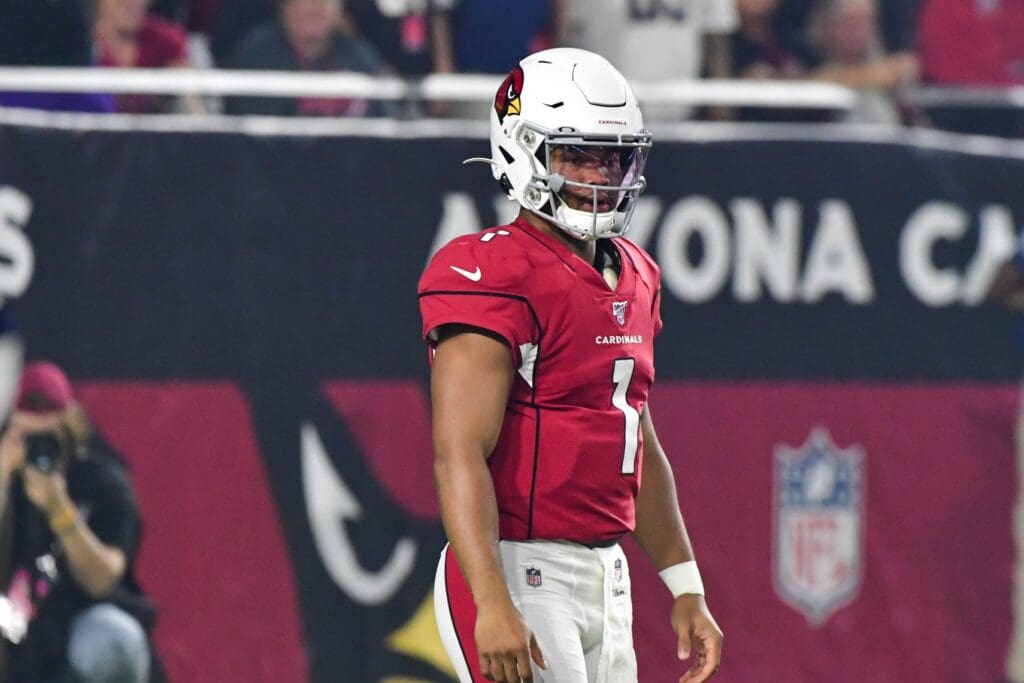 Aug 8, 2019; Glendale, AZ, USA; Arizona Cardinals quarterback Kyler Murray (1) looks on during a preseason game against the Los Angeles Chargers at State Farm Stadium.