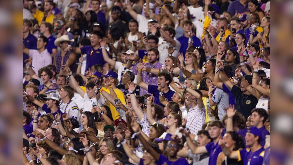 Oct 12, 2024; Baton Rouge, Louisiana, USA; LSU Tigers fans cheer against the Mississippi Rebels during the first half at Tiger Stadium.