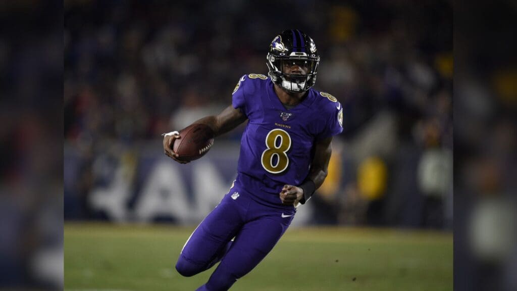 Nov 25, 2019; Los Angeles, CA, USA; Baltimore Ravens quarterback Lamar Jackson (8) in action during the first half against the Los Angeles Rams at Los Angeles Memorial Coliseum.