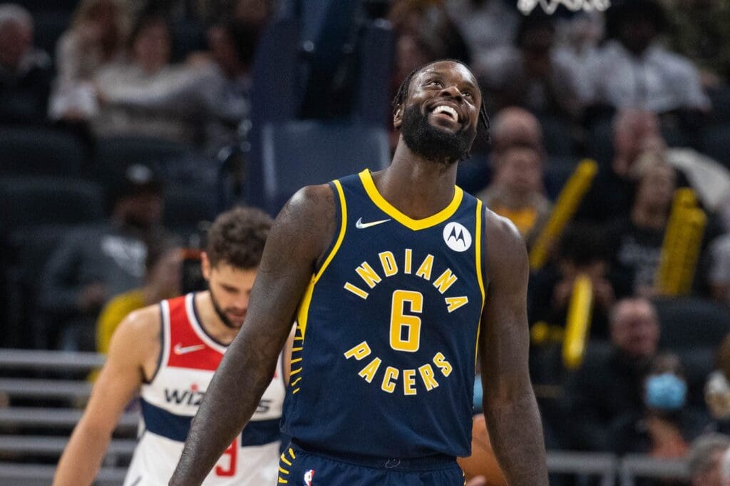 Feb 16, 2022; Indianapolis, Indiana, USA; Indiana Pacers guard Lance Stephenson (6) celebrates a made basket in the first half against the Washington Wizards at Gainbridge Fieldhouse.