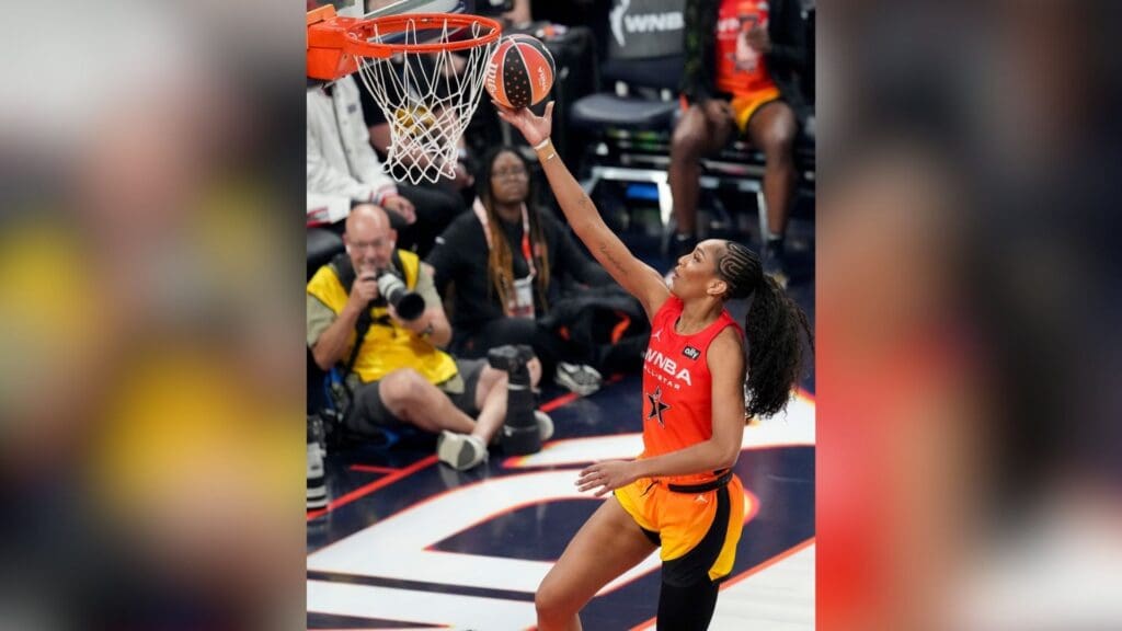 Las Vegas Aces' A’ja Wilson (22) drives to the net Saturday, July 19, 2025, during the WNBA All-Star Game at Gainbridge Fieldhouse in Indianapolis.