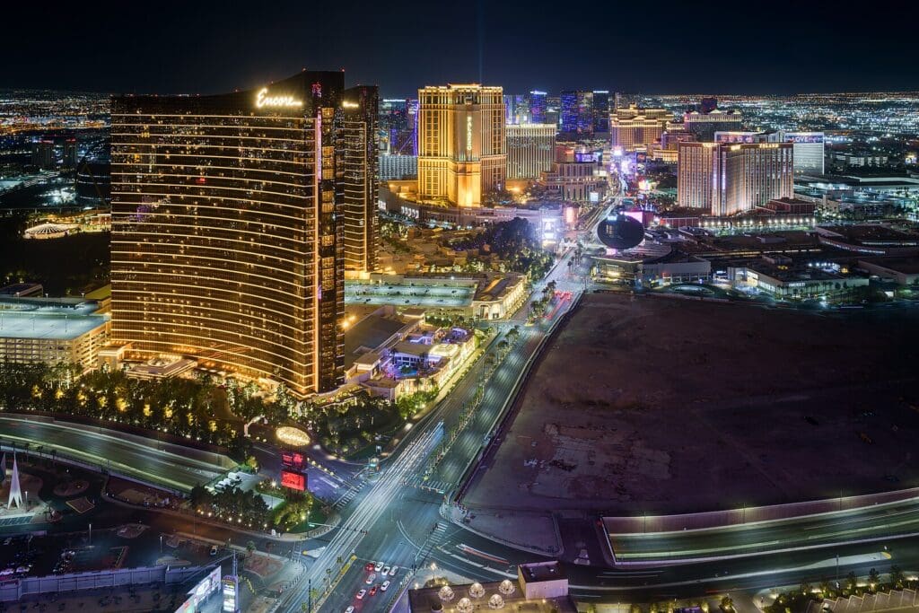 HDR of 3 exposures (+2 to -2), skyline of Las Vegas Strip, Las Vegas, Nevada, from Allē Lounge on 66, Resorts World Las Vegas.